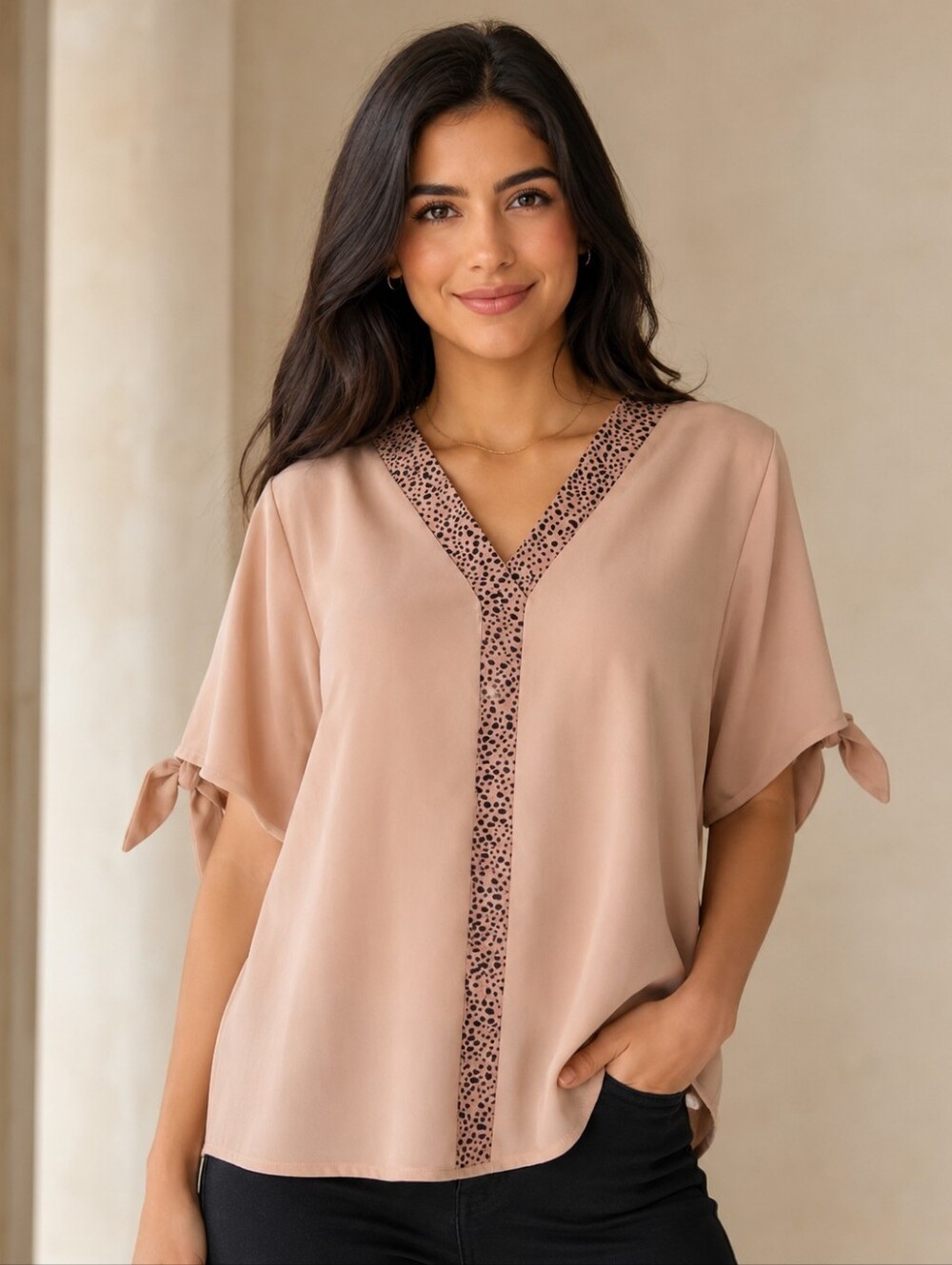 Women's Light Khaki Beige Tie Sleeve Blouse | Animal Print Trim V-Neck Top